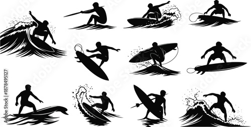A set of black silhouette illustrations depicting various surfing poses and movements, showcasing dynamic wave riding scenes in a detailed and stylized manner.