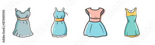 Collection of four short mini dresses in bright, summery colors