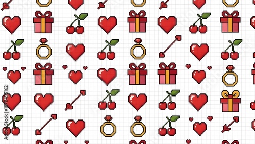 Seamless Pattern of Pixel Art Valentine's Day Icons, Retro 8-Bit Hearts, Rings, Cherries and Gifts on Grid Background, Digital Nostalgia Love Concept