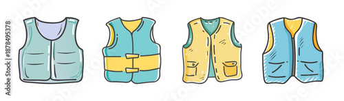 Set of four cartoon vests, including life vests and utility vests, hand-drawn.