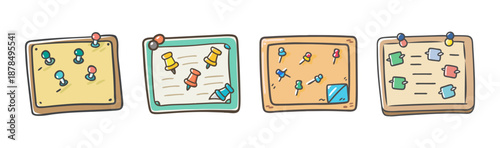 Four cartoon bulletin boards with pins and notes