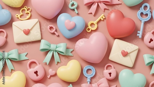 3D Pastel Hearts and Love Letters Seamless Pattern Background. Cute Clay Style Keys, Locks and Bows. Sweet Romantic Plastic Texture for Valentine's Day, Baby Shower and Wrapping Paper.