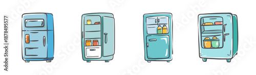 Assortment of cartoon refrigerators with food and drinks inside