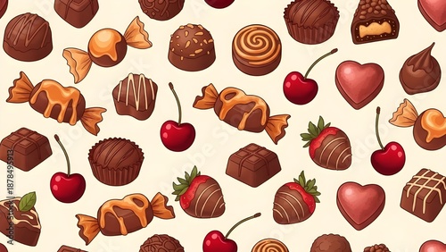 Chocolate Sweets Seamless Pattern Background. Assorted Truffles, Cherries and Strawberries. Delicious Valentine's Day Vector Texture for Gift Wrapping Paper, Food Packaging and Menu Design.