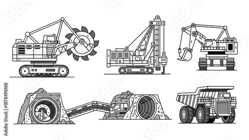 Heavy-duty mining and construction machinery set featuring black and white illustrations of excavators, drills, and dump trucks.