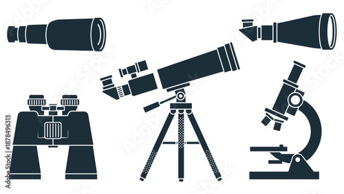 Optical observation and scientific instruments silhouettes including binoculars, diverse telescopes, and a lab microscope.