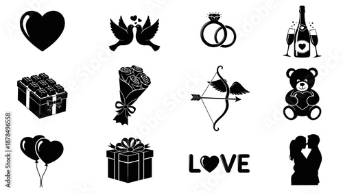 Collection of black love icons including hearts, doves, and teddy bears representing romance and affection in a simple illustration style