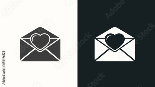 Envelope icons with heart symbol on contrasting backgrounds, representing love and affection, shown from a straightforward front view
