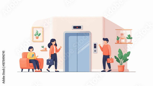 People waiting for elevator, one seated on orange sofa with phone