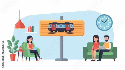 People wait indoors with a train display and clock