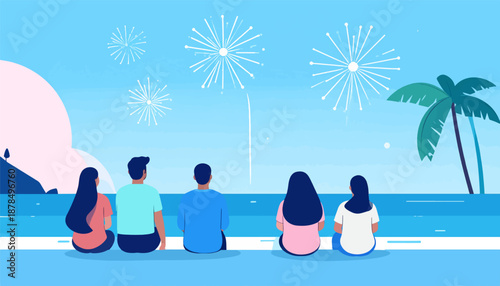 People watch fireworks over ocean from beach, palm tree, distant island