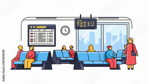 People wait on blue benches by a large window showing city skylines in a modern station