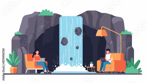 People work on laptops comfortably beside a cave waterfall, a tranquil remote workspace