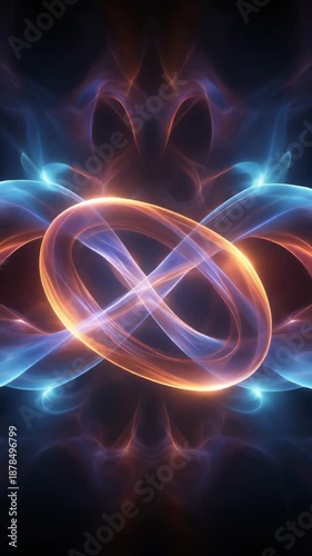 Glowing orange and blue neon infinity loop design on dark background with radiant patterns