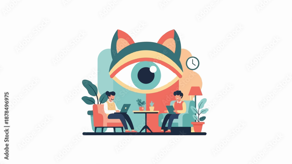 Fototapeta premium People working on laptops in a cozy room with a large eye motif