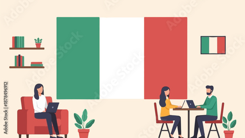 People working near large and small Italian flags in a simple room setting