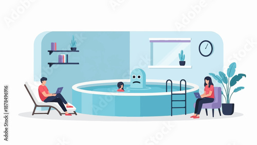 People working near pool with sad inflatable