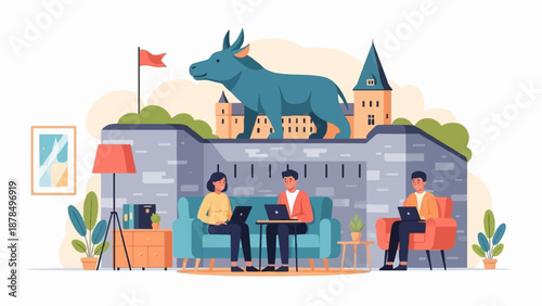 People working on laptops in a cozy indoor space with a fantastical outdoor backdrop featuring a bull