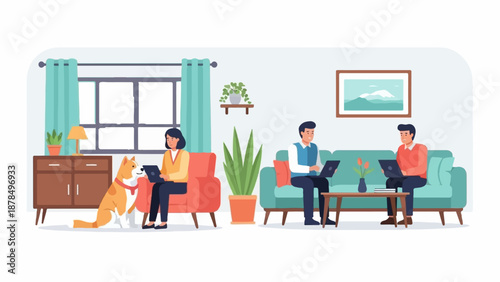 People working on laptops at home with a dog nearby