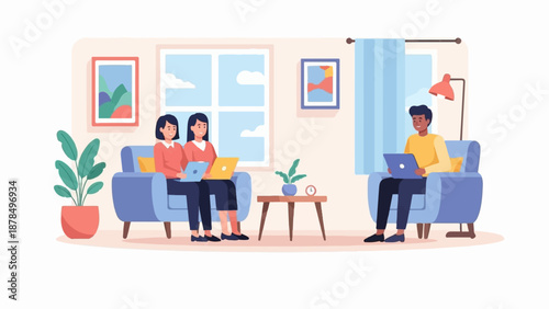 People working on laptops in a cozy living room with plants and art