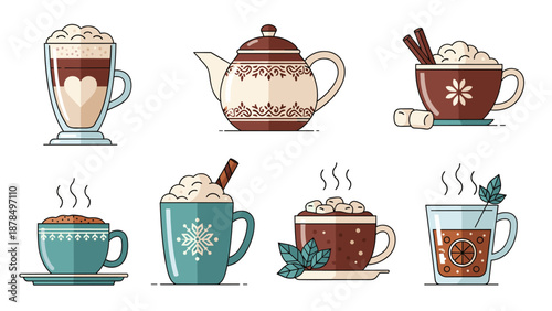 Cozy collection of hot drinks including a latte with heart foam, a decorative teapot, cocoa with marshmallows, and spiced tea.