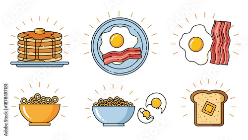 Traditional breakfast food icons set including a stack of pancakes, fried eggs with bacon strips, cereal bowls, and buttered toast.