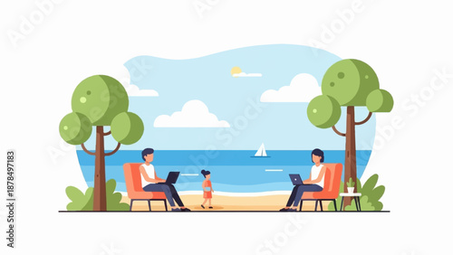 People working remotely on laptops on beach with child nearby