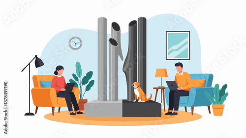 People working remotely on laptops, sitting on chairs in a cozy room with a dog