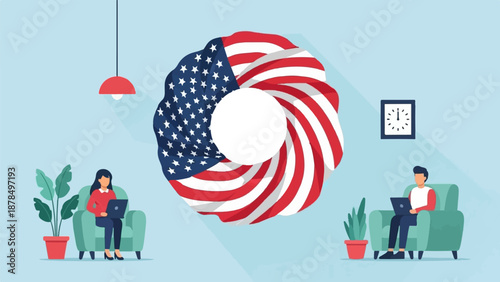 People working remotely with a patriotic symbol