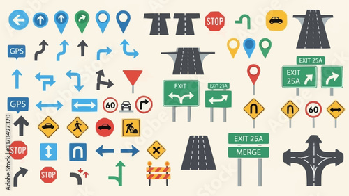 Collection of Road Signs and Navigation Icons.