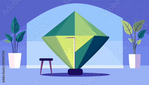 Modern abstract interior with geometric light fixture and potted plants