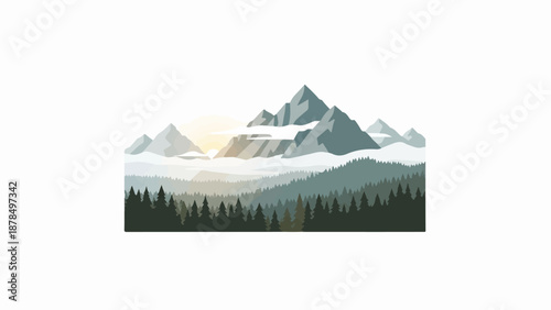 Misty mountain peaks at sunrise over a dense evergreen forest
