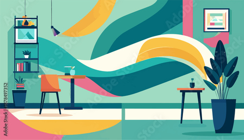 Modern abstract interior with plants, furniture, and geometric wall art