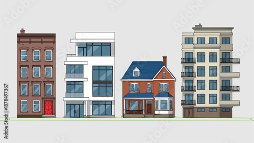 Diverse City Buildings Architectural Styles Collection.