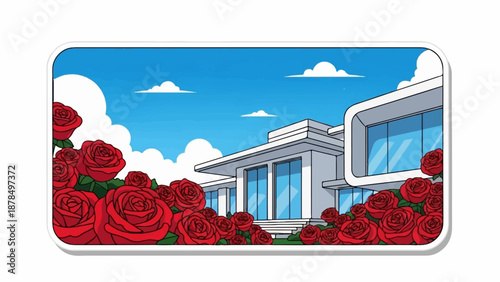 Modern architecture draped in vibrant red roses under a bright blue sky
