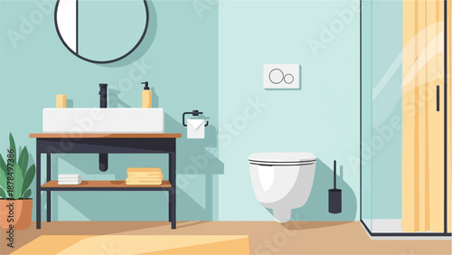 Modern bathroom interior with sink, toilet, shower, and plant