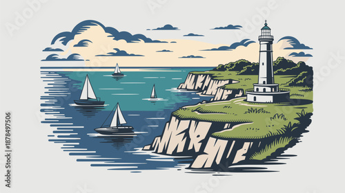 Beautiful seaside view of a lighthouse atop a jagged cliff with several white sailboats drifting across the calm blue water.