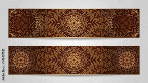 Intricate patterned banners featuring floral and geometric designs in warm tones displayed horizontally on a neutral background