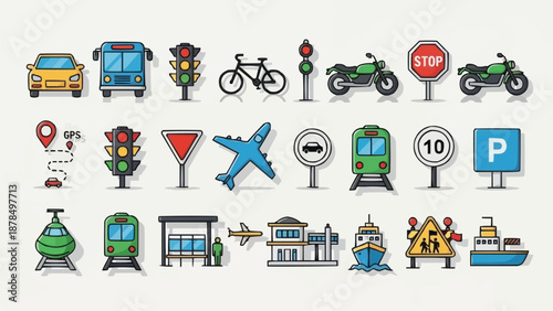 Collection of transportation and traffic icons.