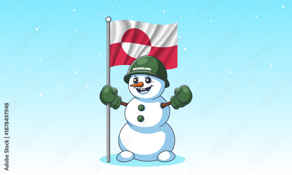 Fototapeta premium Vector cartoon of funny emotional snowman wearing military helmet and green mittens. Wavy national flag of Greenland. Comical toon character. Patriot and defender. Winter and cold