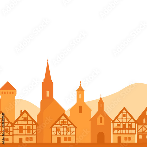 European medieval town skyline with churches half-timbered houses and castle towers in warm orange silhouette, historic village landscape vector illustration