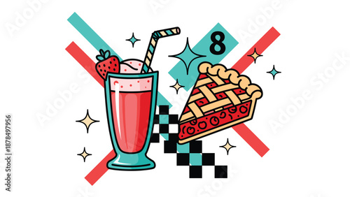Retro diner style illustration featuring a pink strawberry milkshake with a straw and a slice of lattice crust cherry or berry pie.