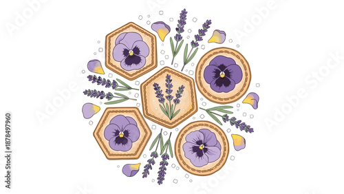 Beautiful floral cookies decorated with purple pansy flowers and lavender sprigs arranged in a circular pattern on white.