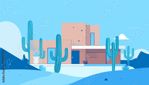 Modern desert home with cacti and minimal landscape