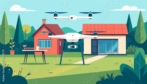 Modern dwelling with drones surveying the surroundings