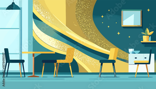 Modern dining area with abstract backdrop and starry ceiling