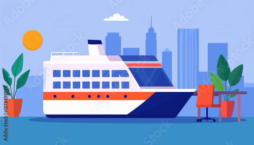 Modern ferry docked near city skyline with office desk and plants