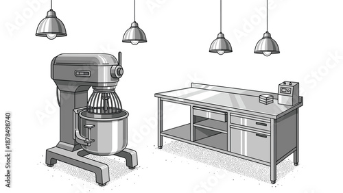 Monochrome illustration of a professional industrial kitchen interior featuring a large stand mixer and a stainless steel prep table.