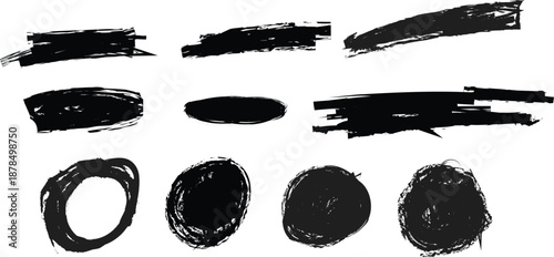 Collection of black brush strokes and shapes on white background