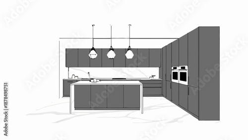 Modern gray kitchen with central island, pendant lights, and double ovens